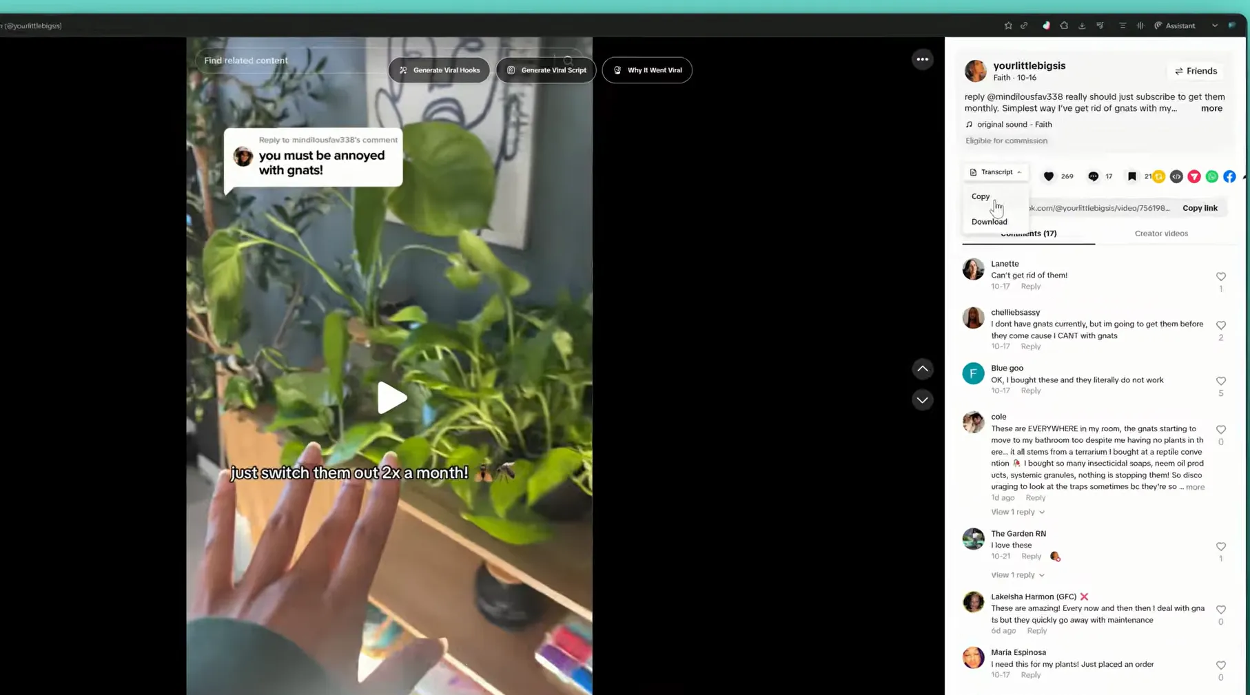 TokScript Chrome extension installed and running on a TikTok video page — transcript menu open with copy and download