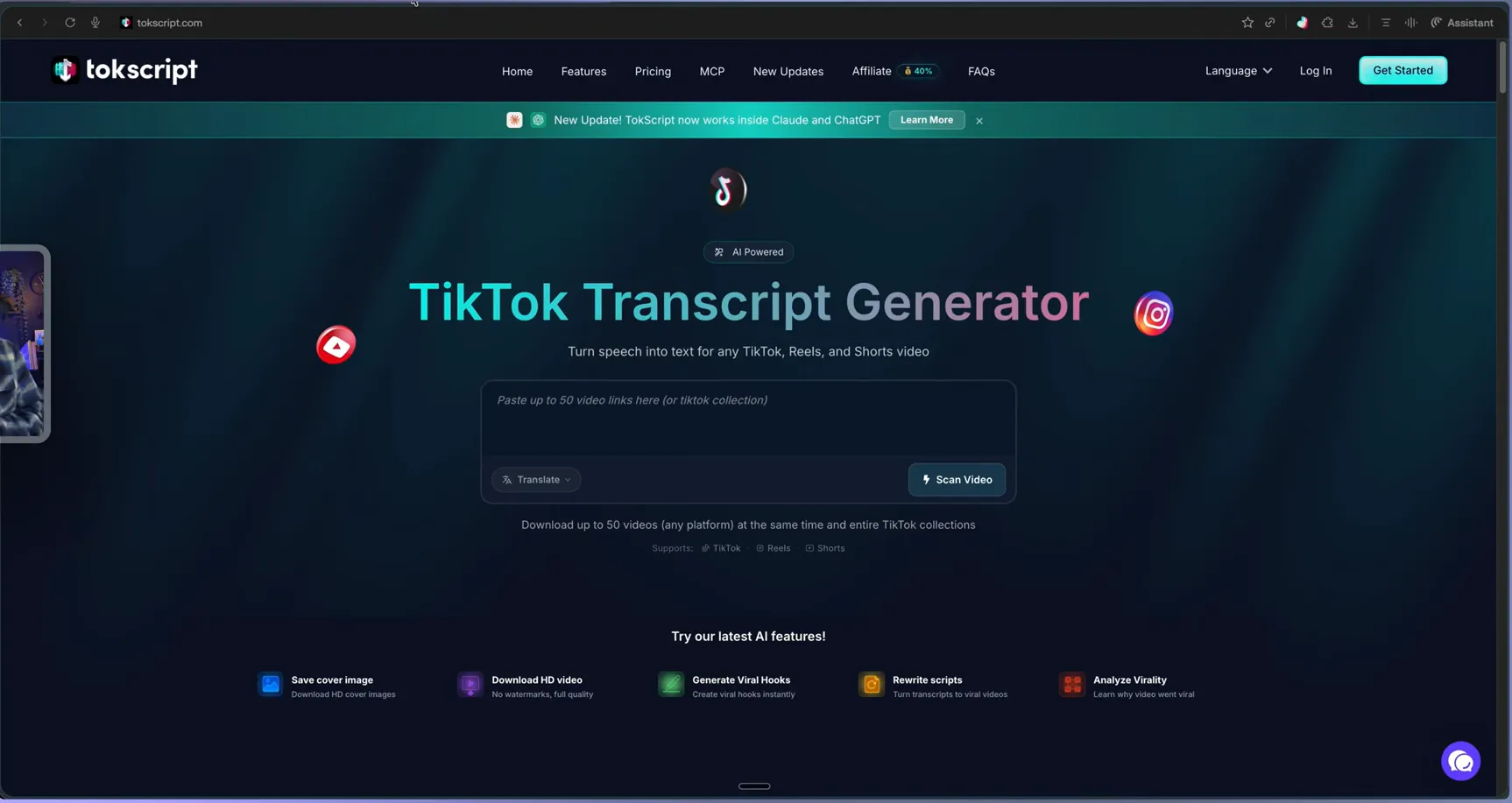 TokScript web app — the TikTok transcript generator input accepting up to 50 video links